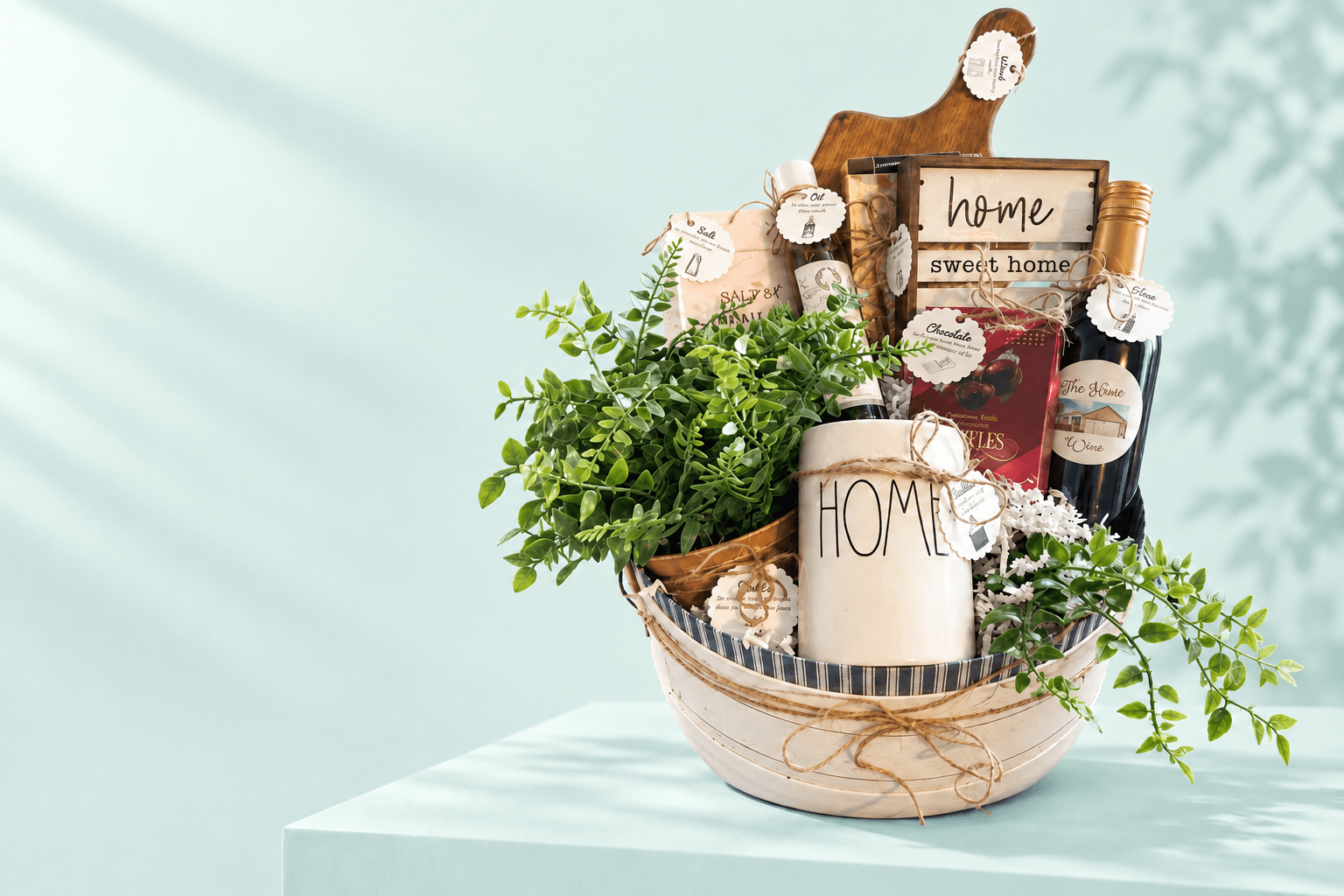 Farmhouse Home gift basket styled in a soft turquoise studio setting